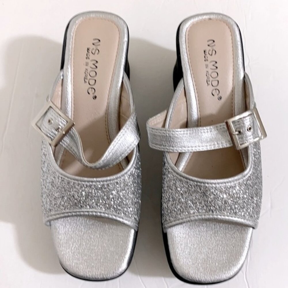 NWOB NS MODE Women's KOREAN Slide Sandals Silver Sparkles Size 6.5